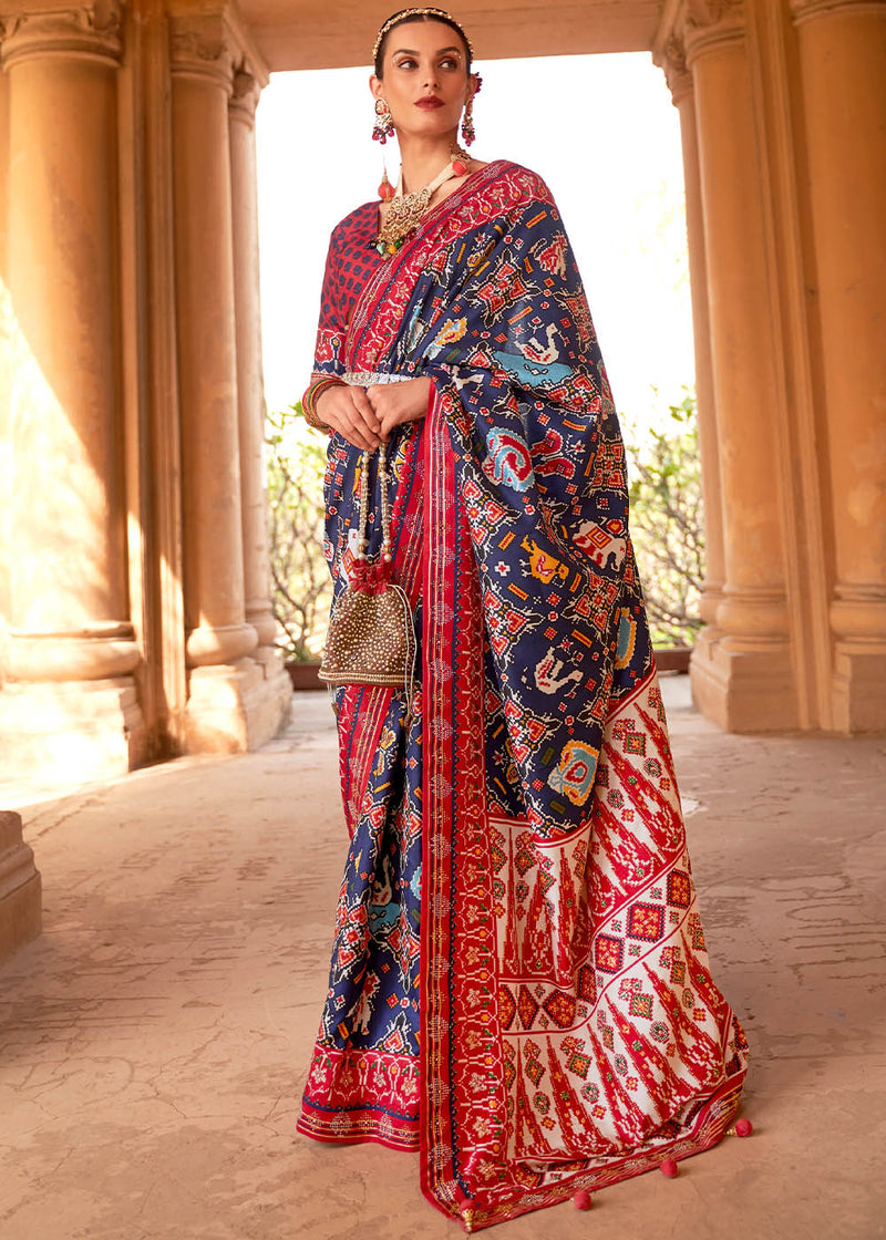 Mulled Wine Blue and Red Printed Patola Saree