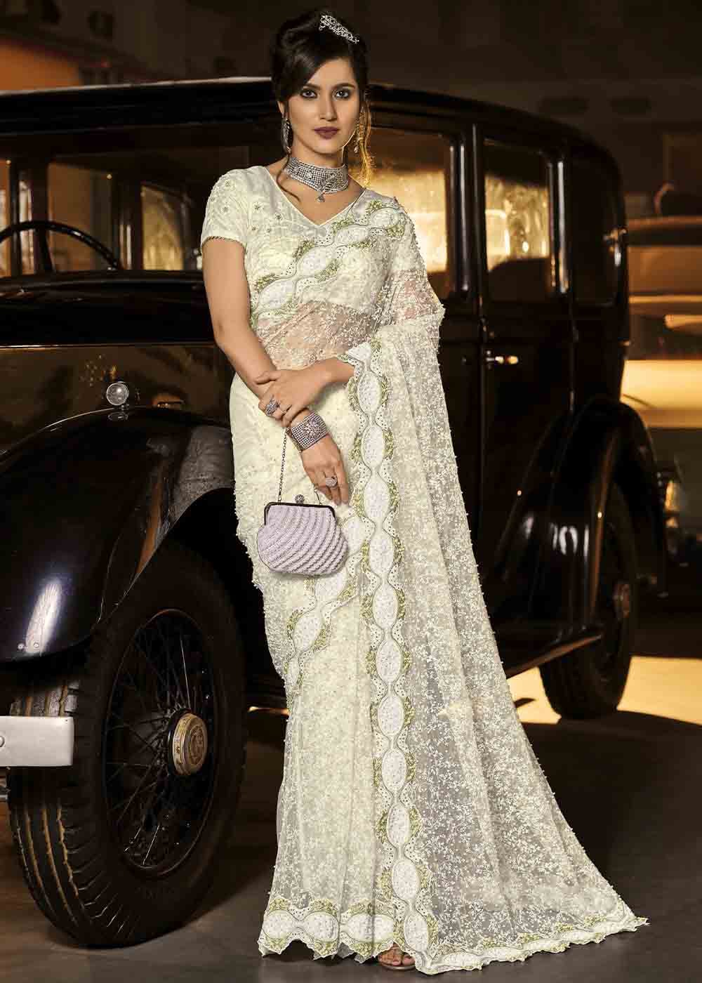 Buy MySilkLove Special White Heavy Work Designer Net Saree Online