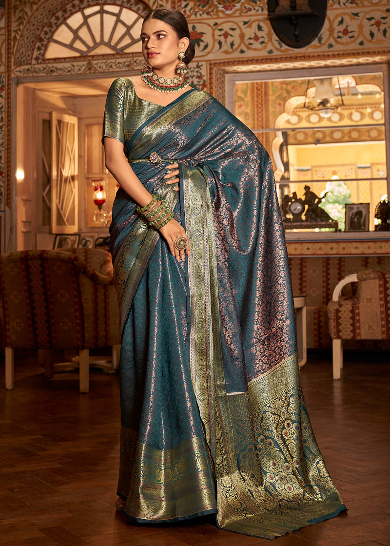 Woven Sky Blue Kanjivaram Banarasi Silk Saree