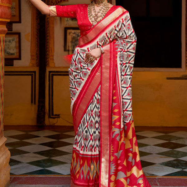 White Red Archaic Traditional Kanchi Soft Silk Saree With Attached Blouse -  Indic Brands