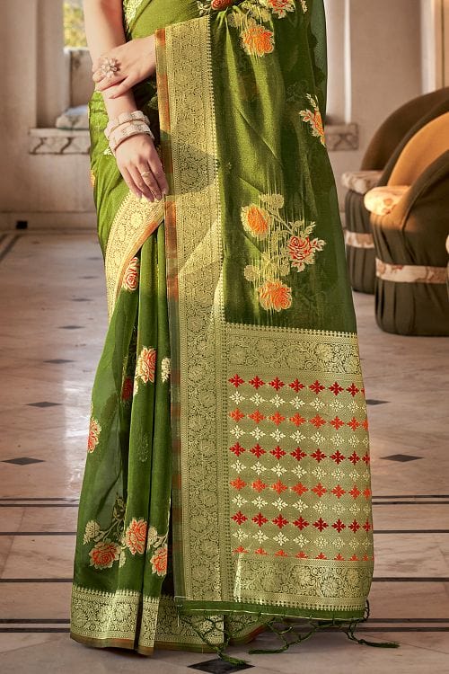 Buy MySilkLove Crete Green Organza Saree Online