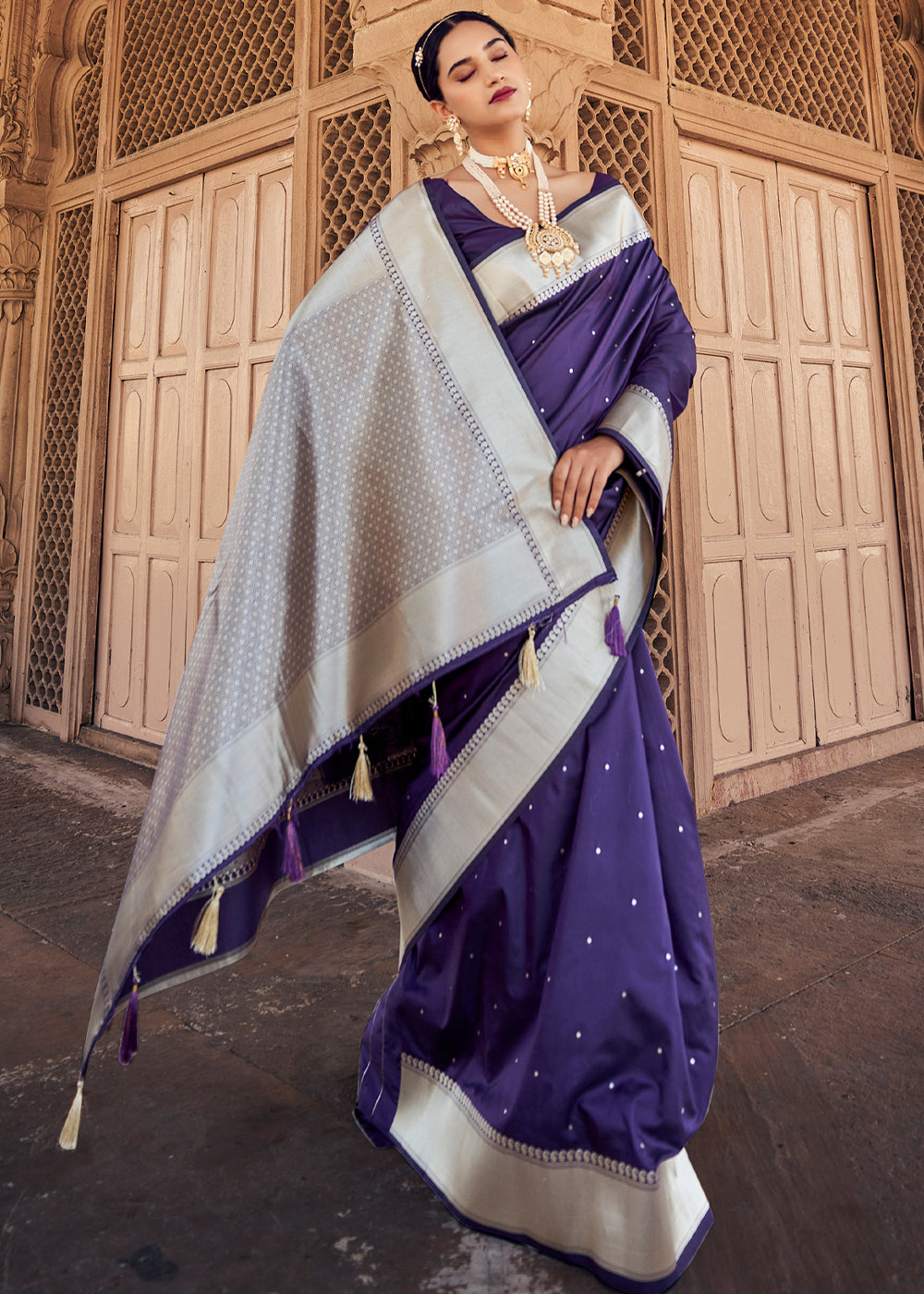 Buy MySilkLove Mulled Wine Purple Woven Banarasi Satin Silk Saree Online