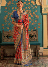Cinnabar Red and Blue Woven Patola Silk Saree
