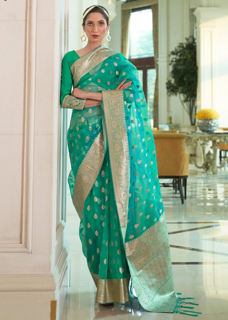 Viridian Green Zari Woven Organza Silk Saree