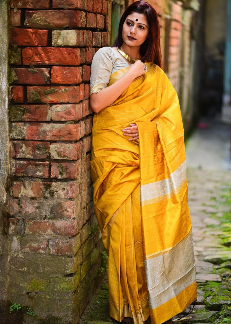 Shop Yellow Linen Handloom Saree Festive Wear Online at Best Price | Cbazaar