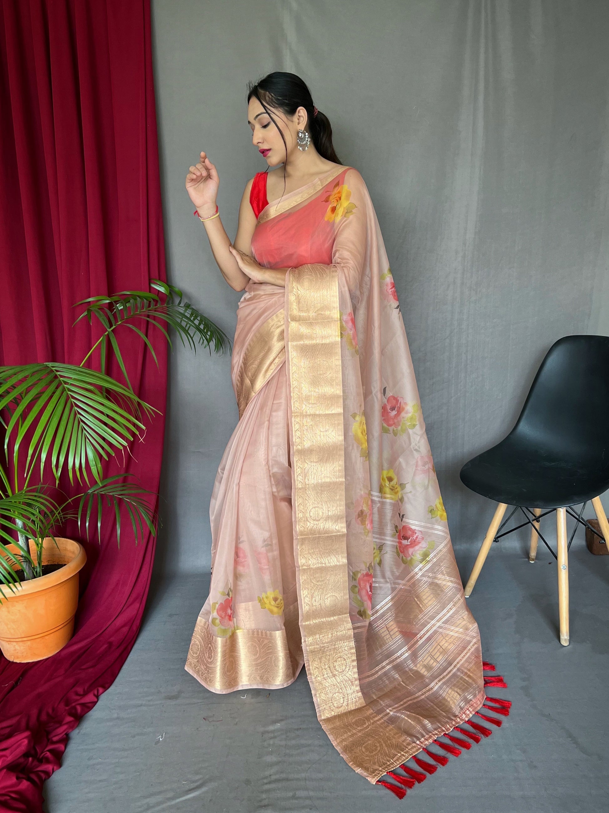Buy MySilkLove Beauty Bush Pink Organza Digital Floral Printed Saree Online