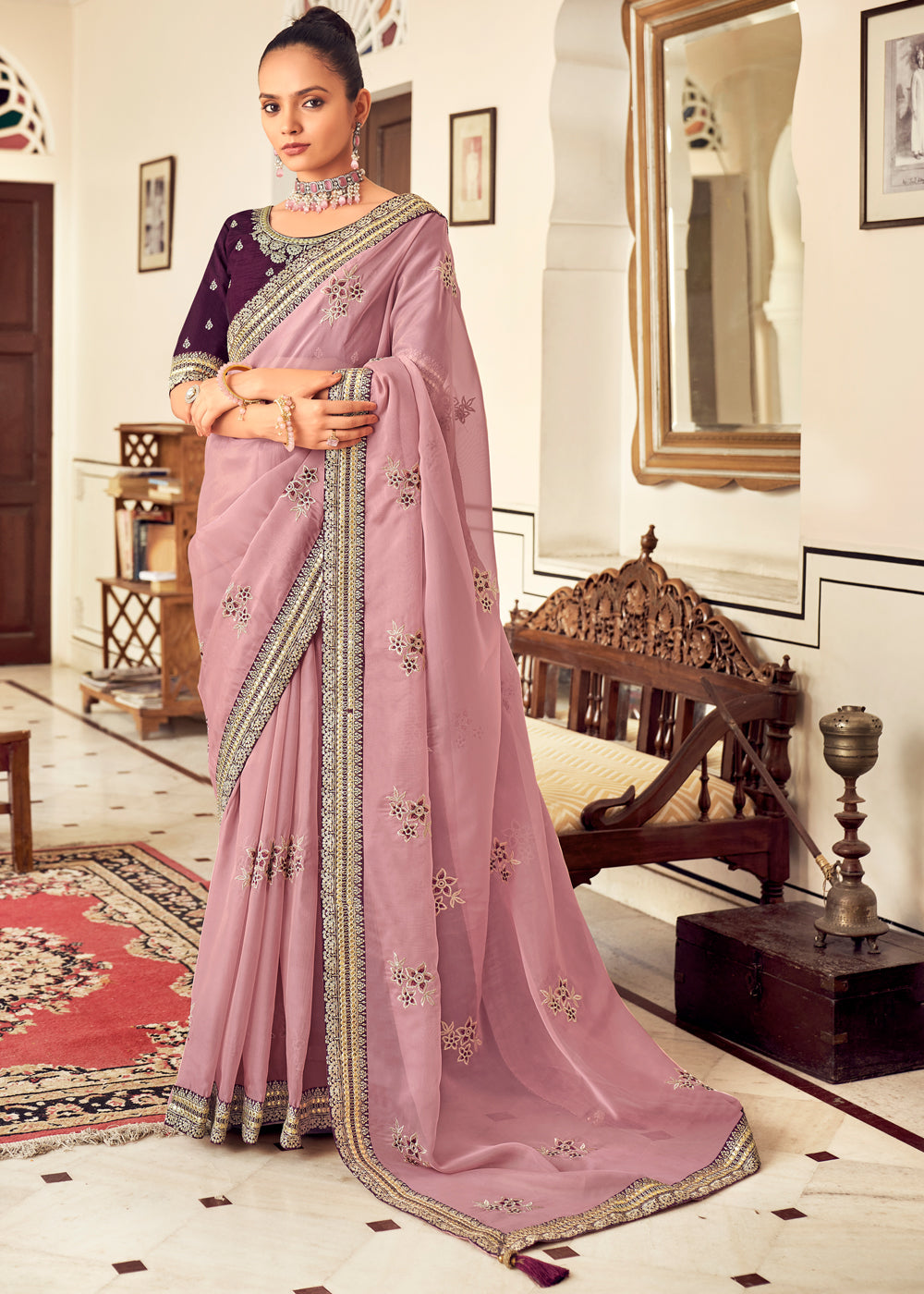 Buy MySilkLove Puce Pink Woven Banarasi Georgette Silk Saree Online