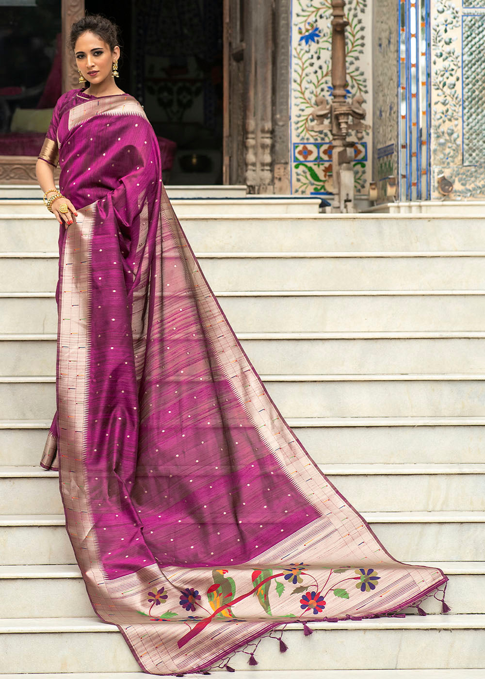 Buy MySilkLove Cannon Pink Purple Zari Woven Tussar Paithani Silk Saree Online