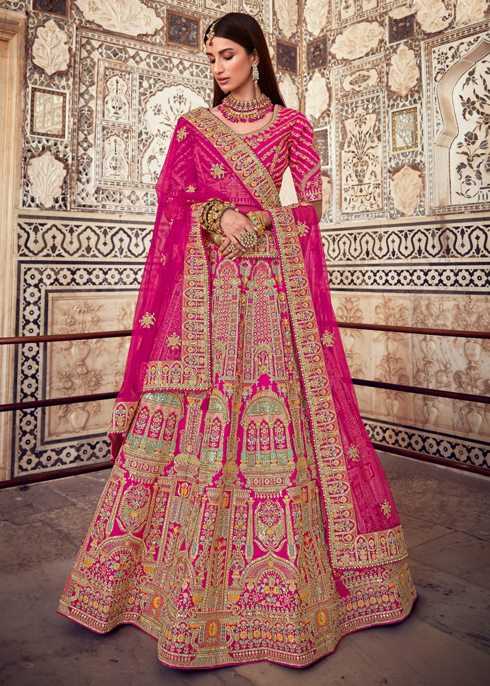 Buy MySilkLove Brick Pink Heavy Embroidered Designer Lehenga Online