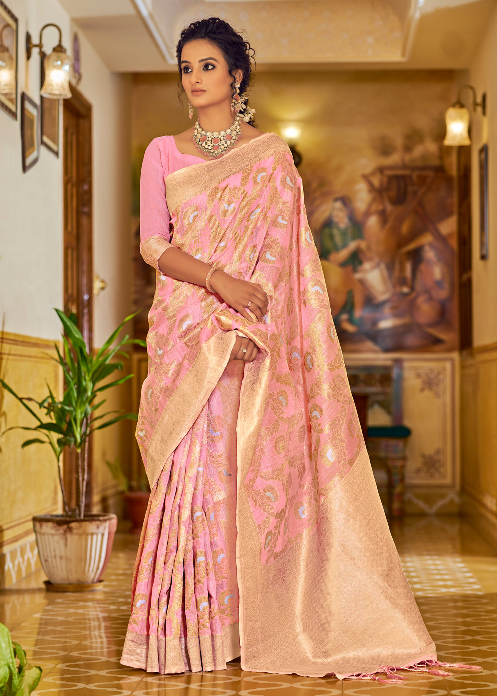 Buy MySilkLove Rose Bud Pink Zari Woven Banarasi Linen Saree Online