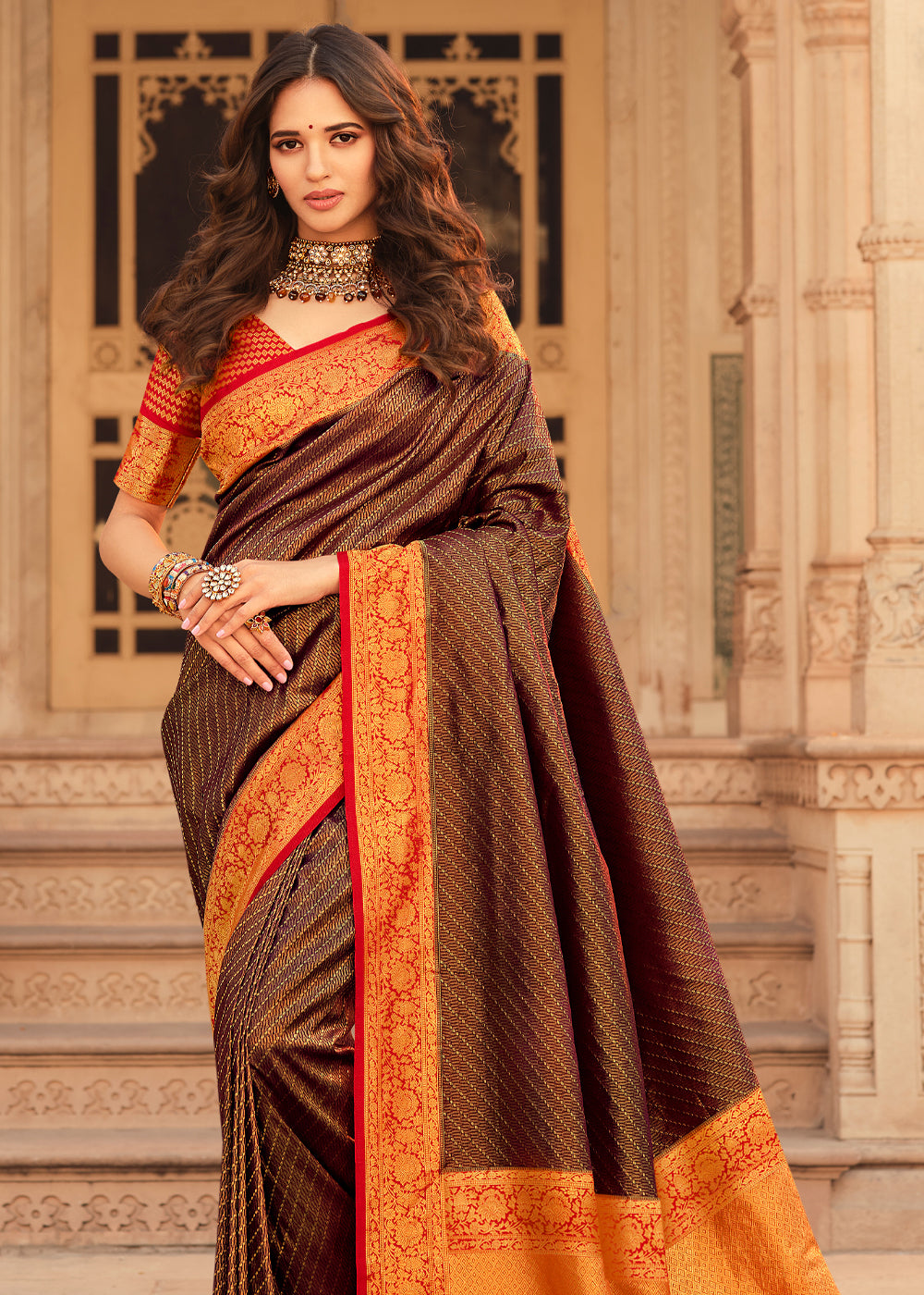 Buy MySilkLove Brown Derby and Red Zari Woven Kanjivaram Saree Online