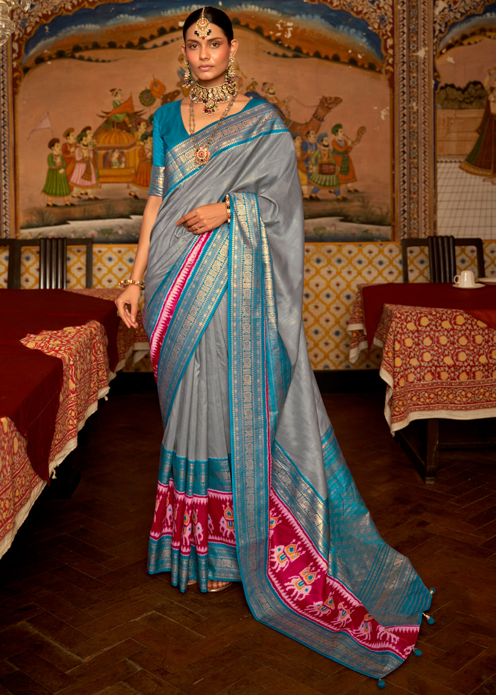 Buy MySilkLove Natural Grey and Blue Banarasi Patola Saree Online