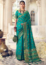 Fountain Blue Handloom Woven Banarasi Raw Silk Saree
