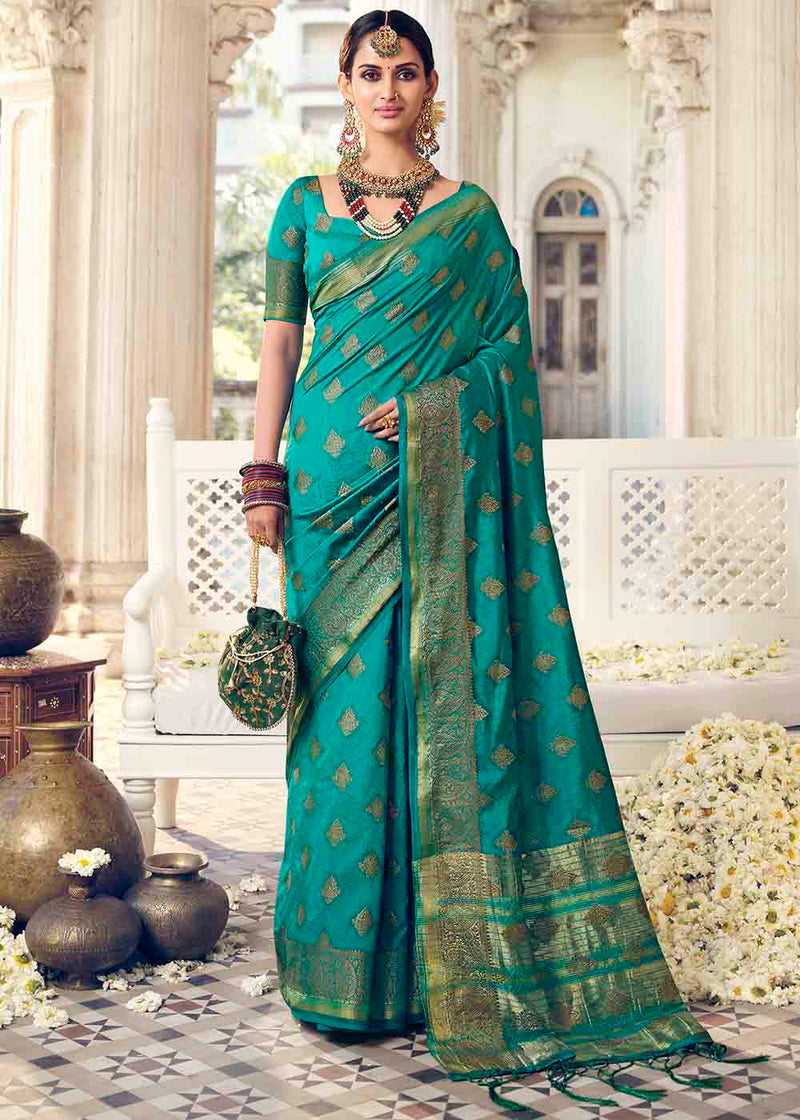 Fountain Blue Handloom Woven Banarasi Raw Silk Saree