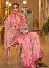 Sweet Pink Zari Woven Banarasi Linen Saree
