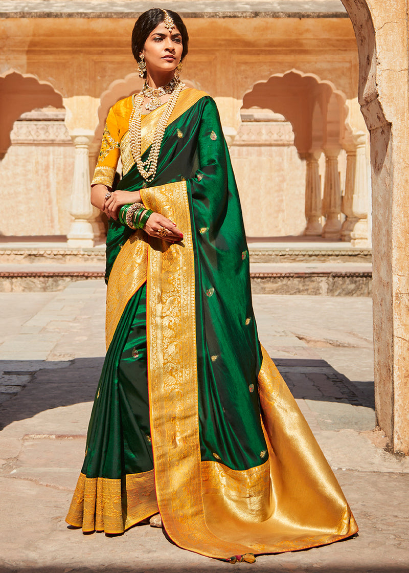 Goblin Green and Yellow Zari Woven Designer Banarasi Saree