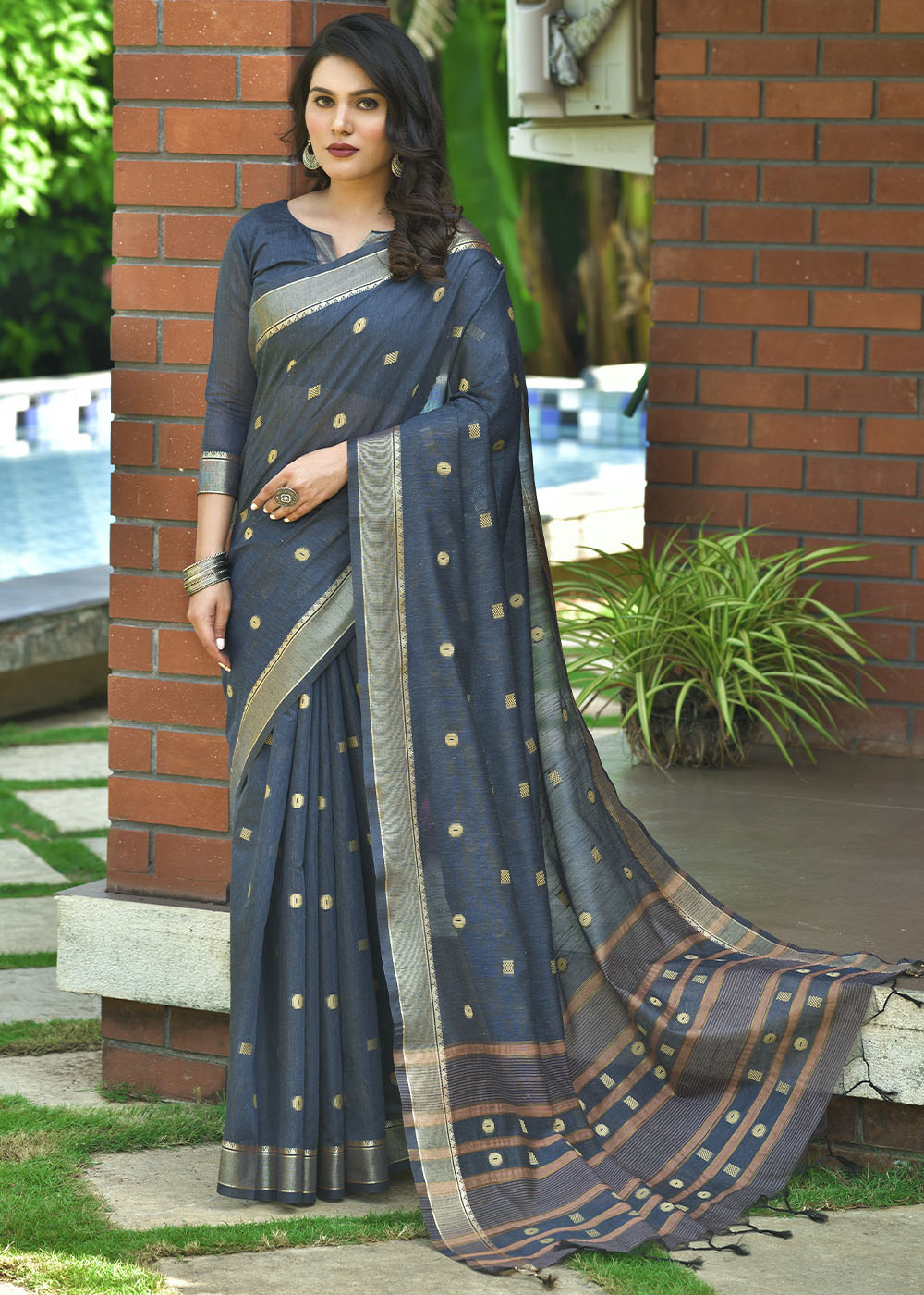 Buy MySilkLove Limed Spruce Blue Zari Woven Cotton Saree Online