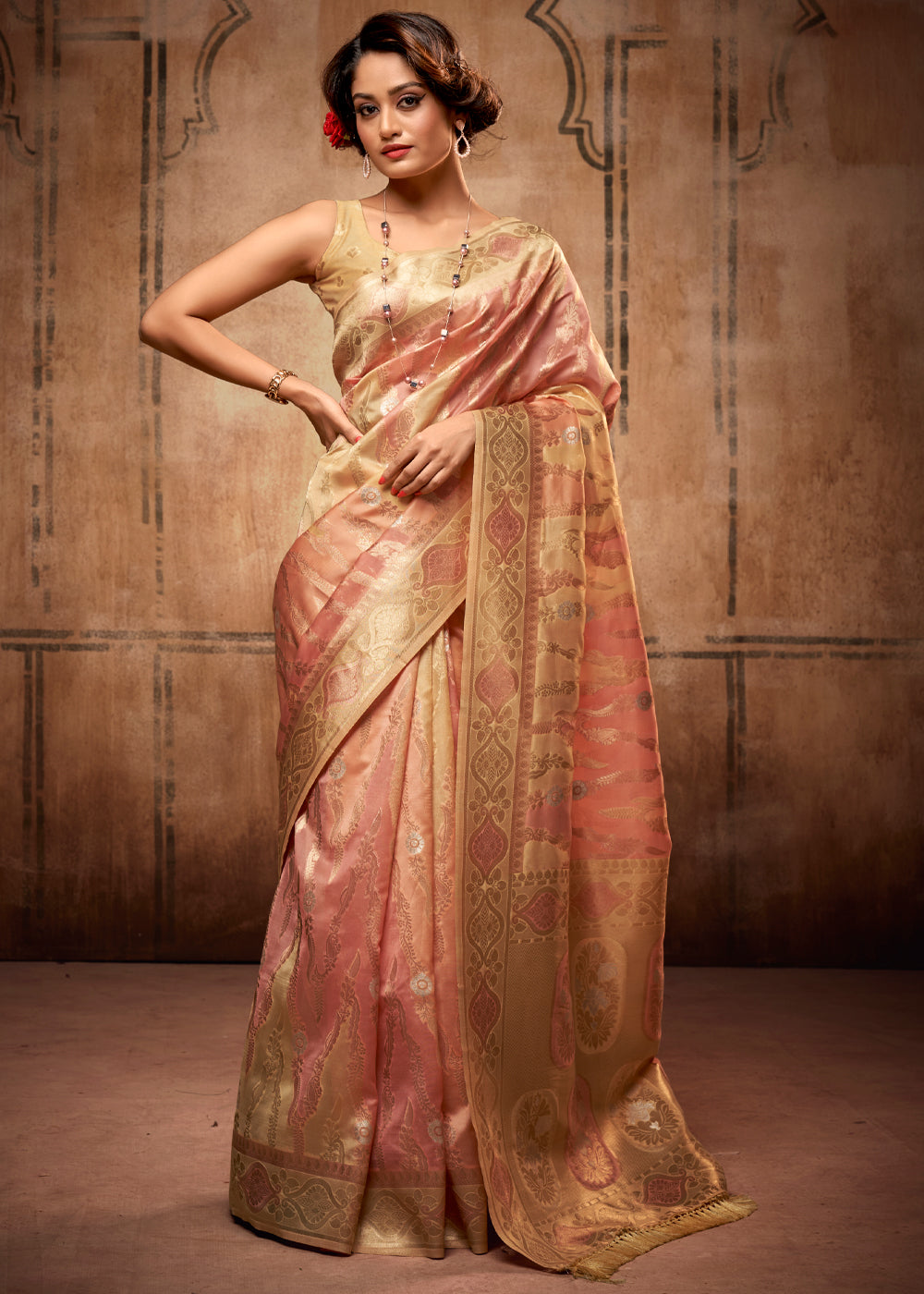 Buy MySilkLove Flesh Peach Zari Woven Banarasi Organza Saree Online