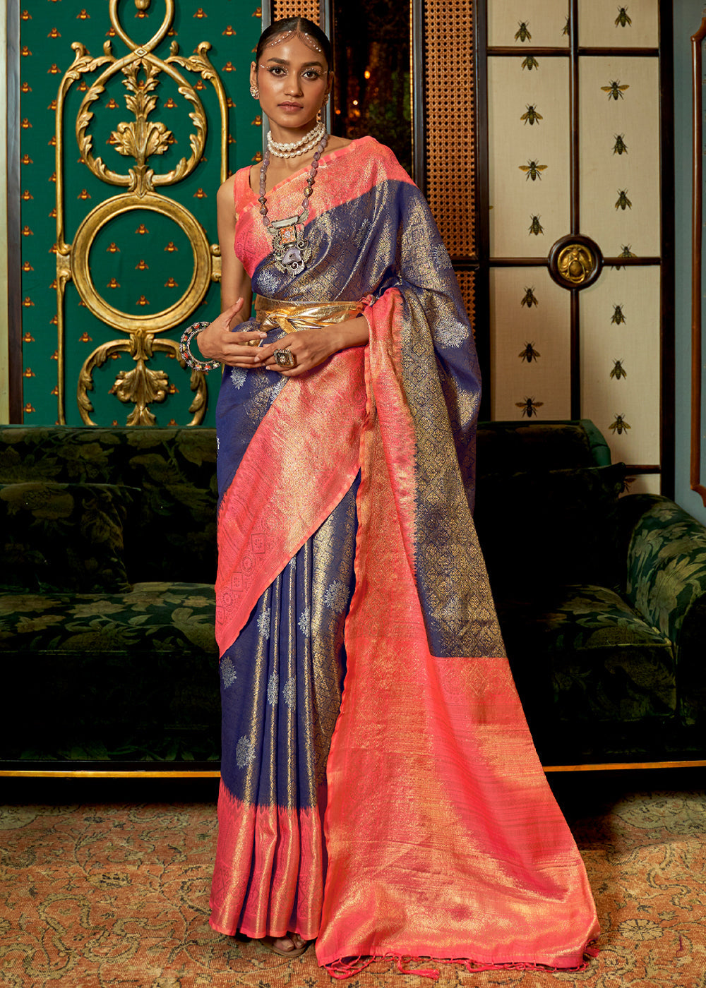 Buy MySilkLove Mulled Blue and Pink Zari Woven Banarasi Tussar Saree Online