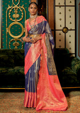 Mulled Blue and Pink Zari Woven Banarasi Tussar Saree