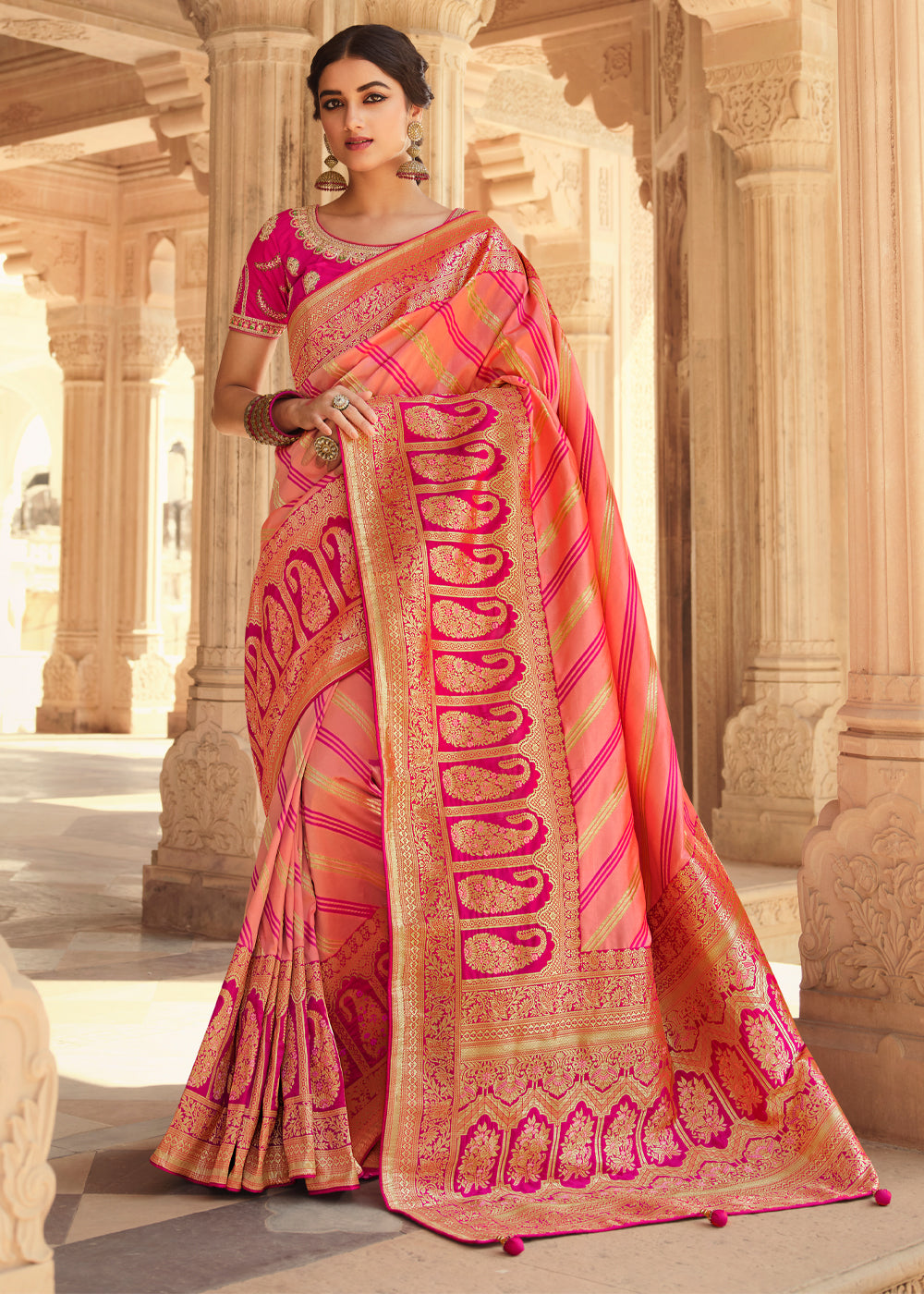 Buy MySilkLove Salmon Pink and Orange Zari Woven Striped Banarasi Saree with Designer Blouse Online