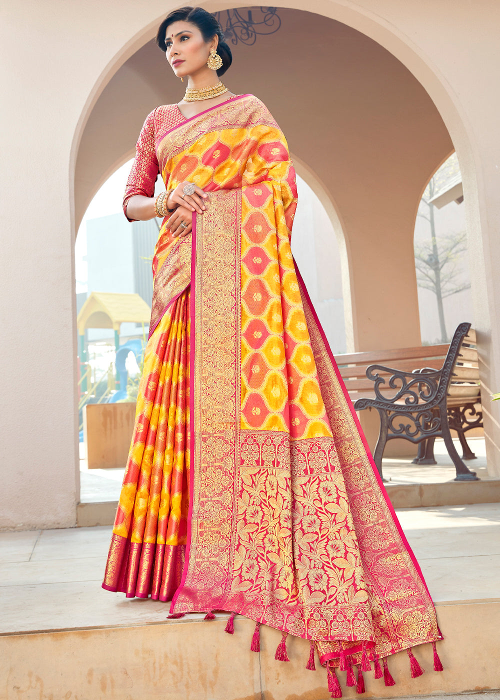 Buy MySilkLove Rajah Yellow and Red Wonen Banarasi Rangkath Silk Saree Online