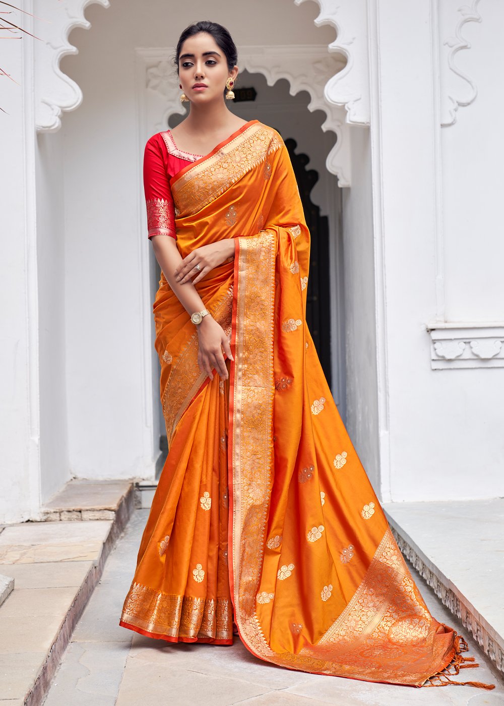 Buy MySilkLove Neon Orange Zari Woven Banarasi Silk Saree Online