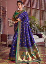 Midnight Blue and Green Zari Woven Banarasi Brocade Saree