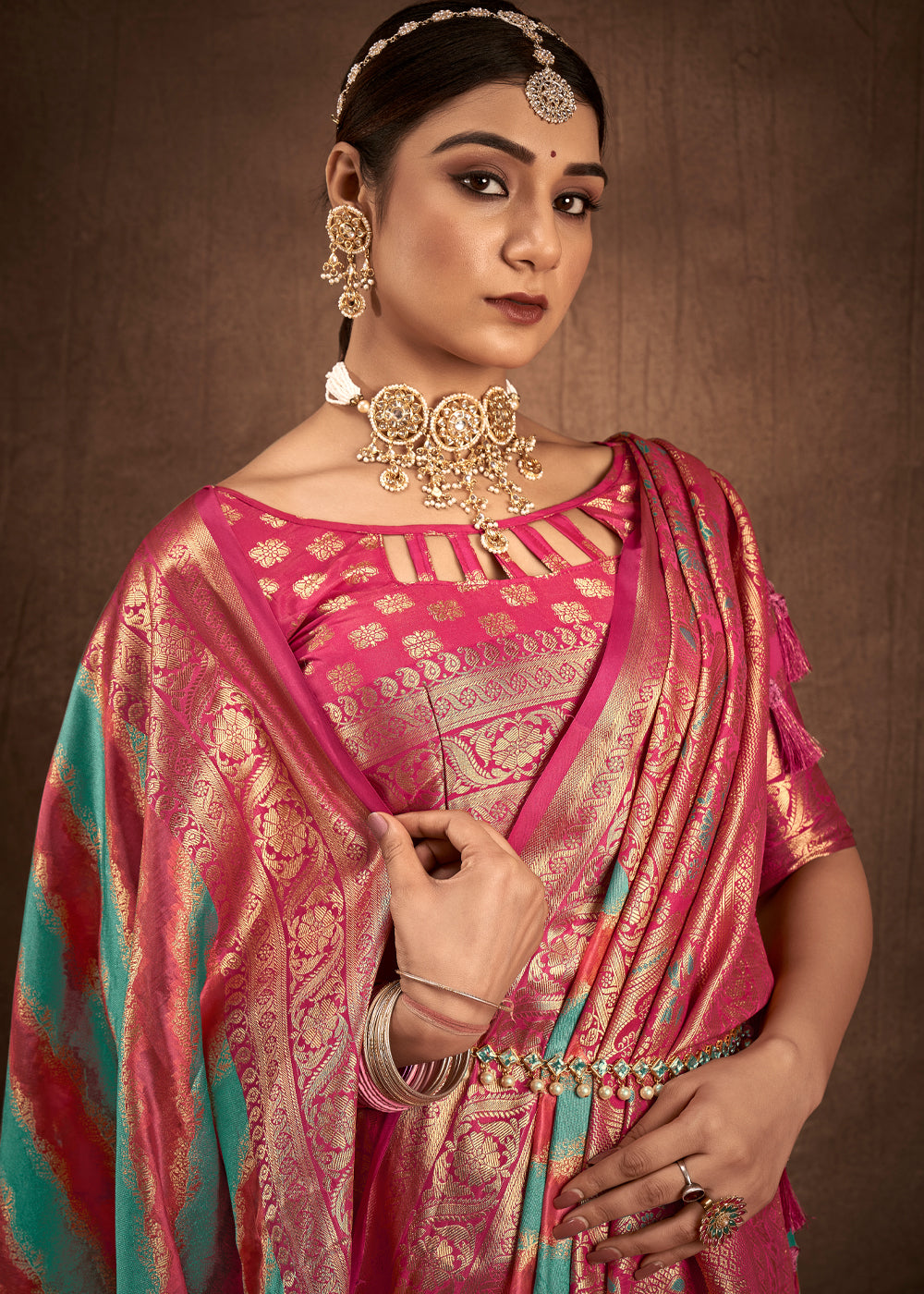 Buy MySilkLove Brick Pink and Blue Woven Rangkath Banarasi Silk Saree Online