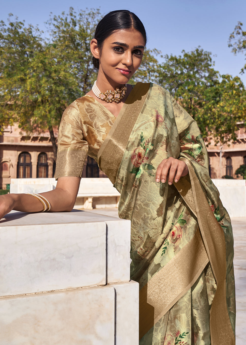 MySilkLove Yuma Green Digital Printed Banarasi Cotton Saree