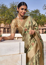 Yuma Green Digital Printed Banarasi Cotton Saree