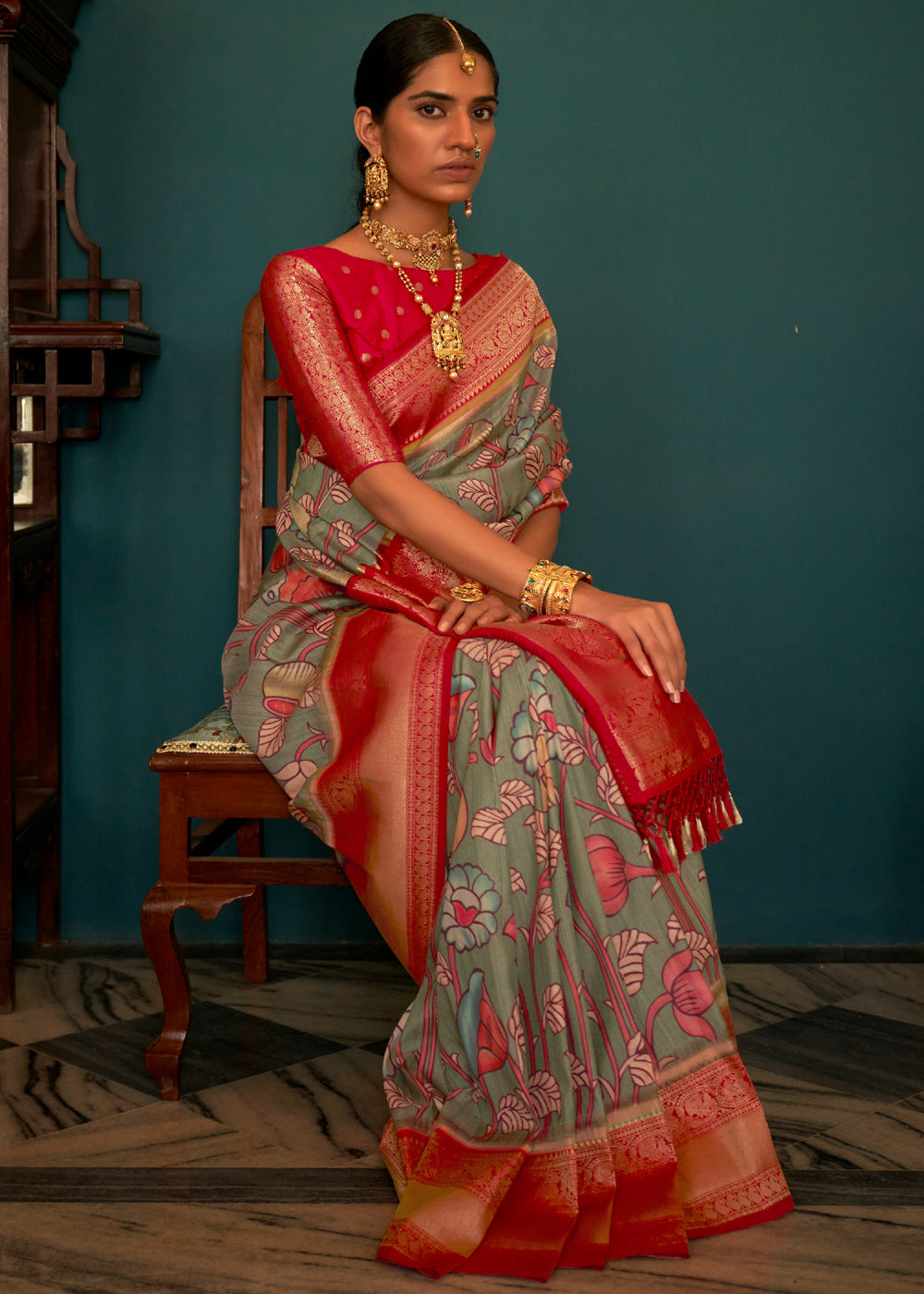 Buy MySilkLove Norway Grey and Red Woven Banarasi Tussar Silk Kalamkari Saree Online