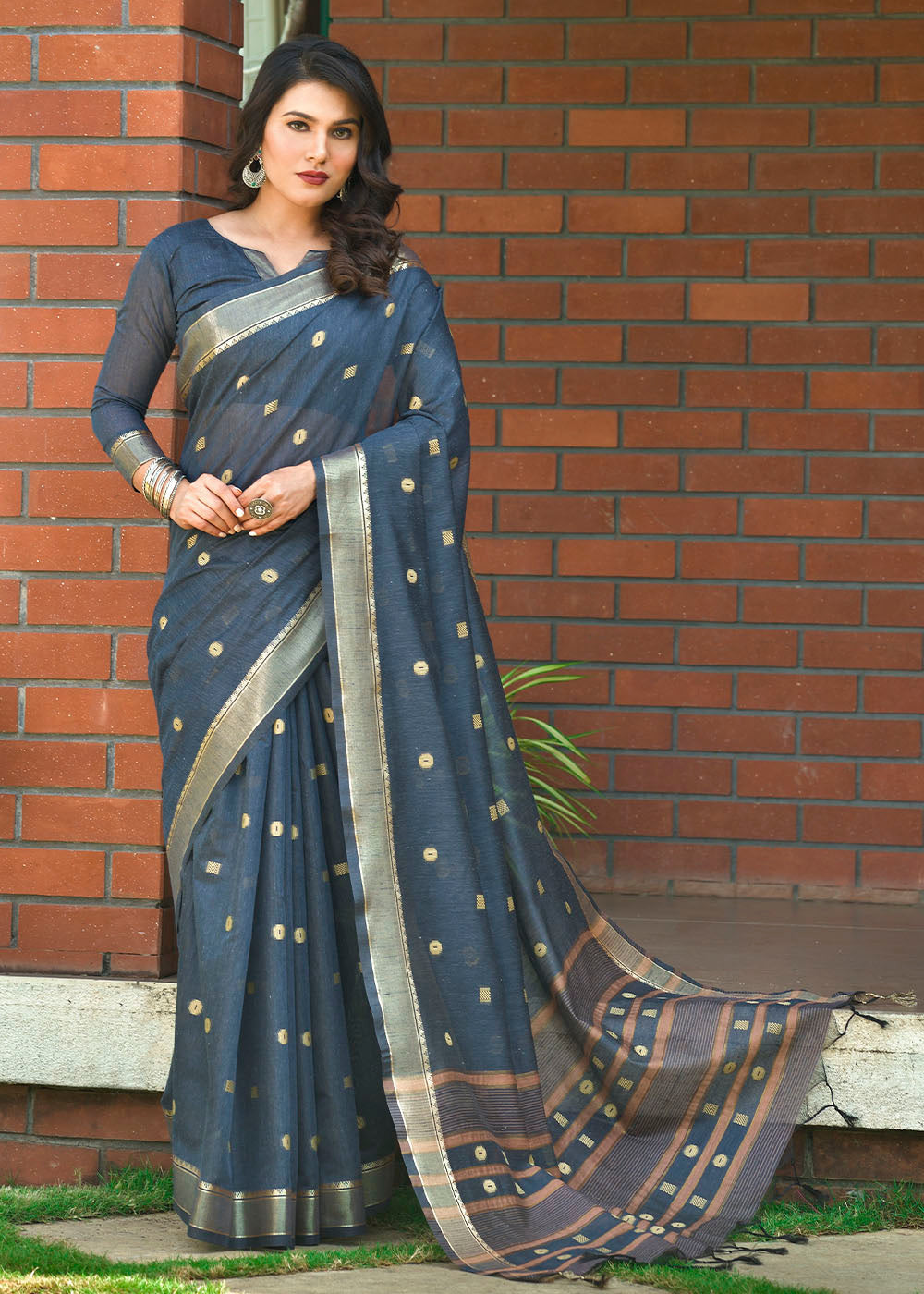 Buy MySilkLove Limed Spruce Blue Zari Woven Cotton Saree Online