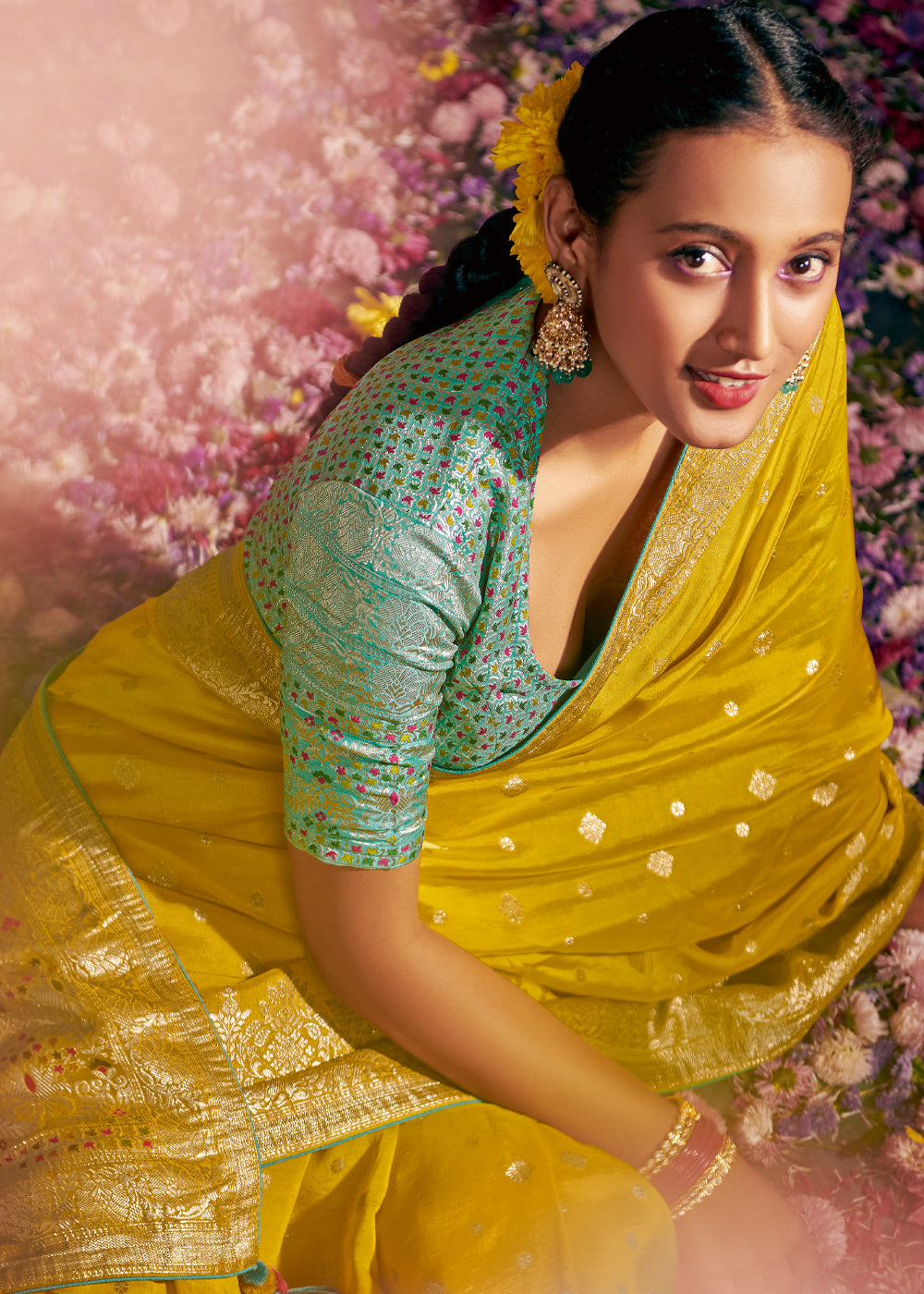 Buy MySilkLove Galliano Yellow Woven Banarasi Soft Silk Saree Online