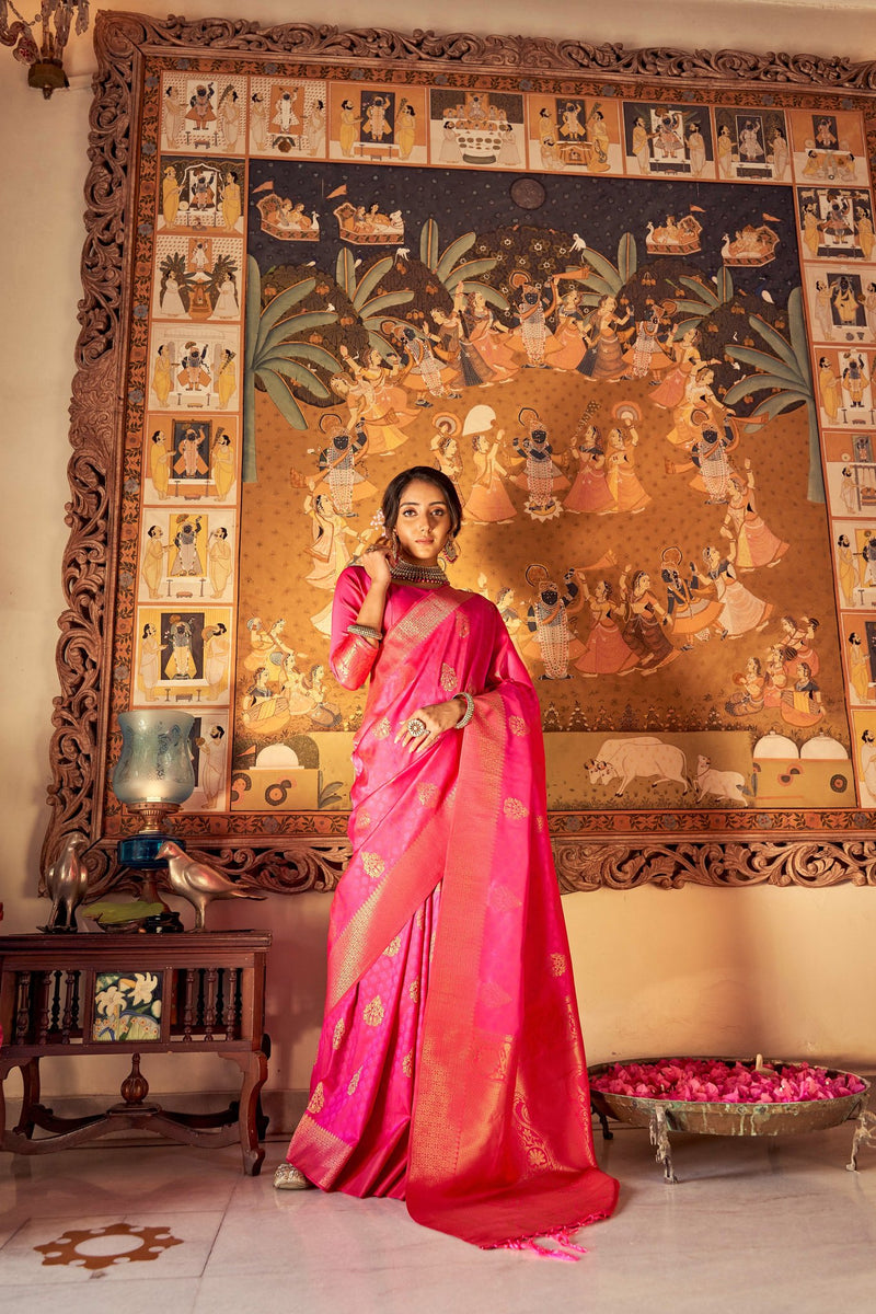 French Rose Pink Zari Woven Kanjivaram Saree