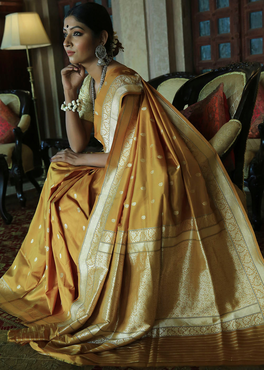 Buy MySilkLove Rob Roy Yellow Katan Pure Silk Handwoven Bootidaar Saree Online