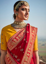 Cedar Red Zari Woven Banarasi Silk Saree with Embroidered Blouse