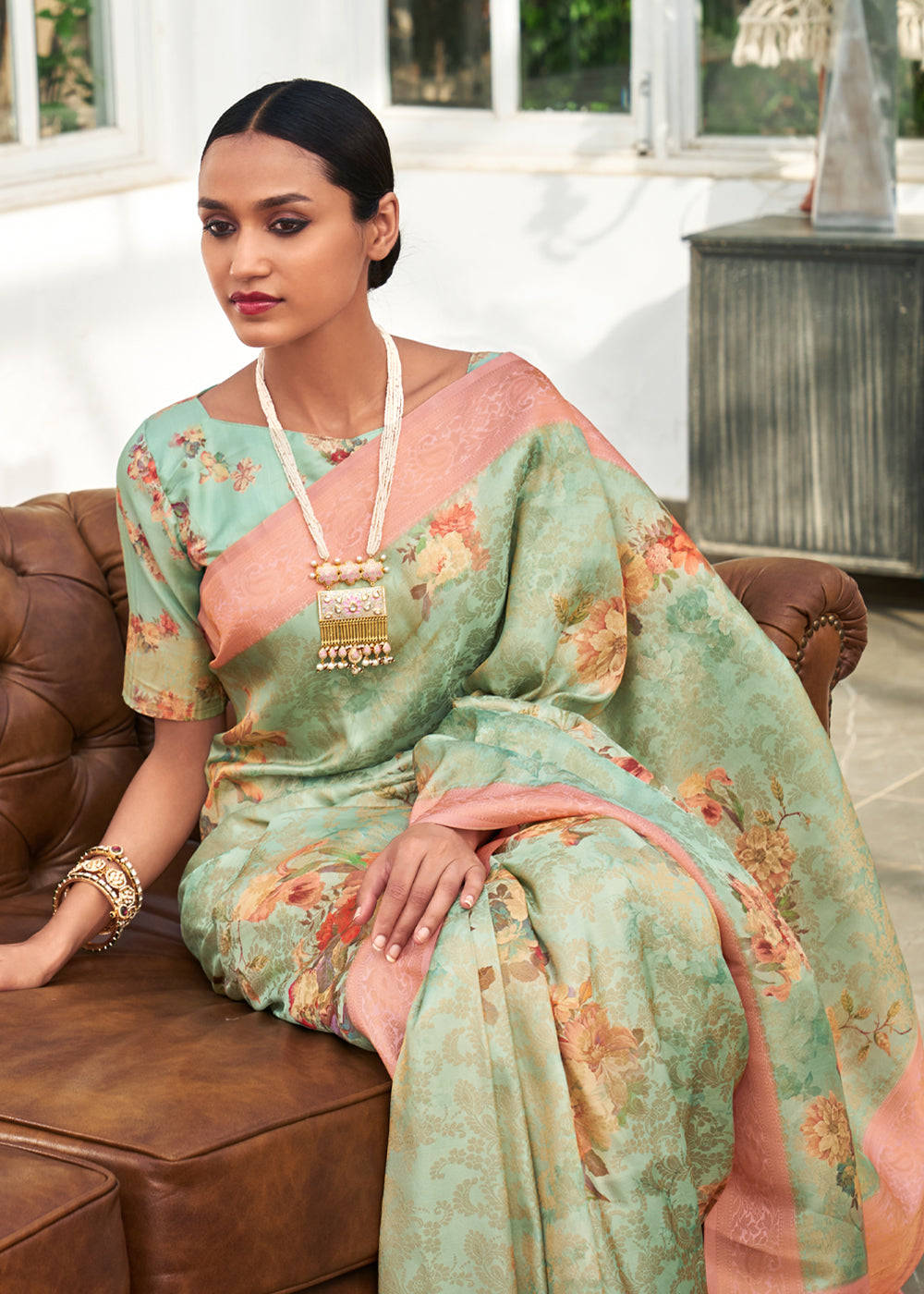 Buy MySilkLove Rainee Green Banarasi Jacquard Printed Saree Online