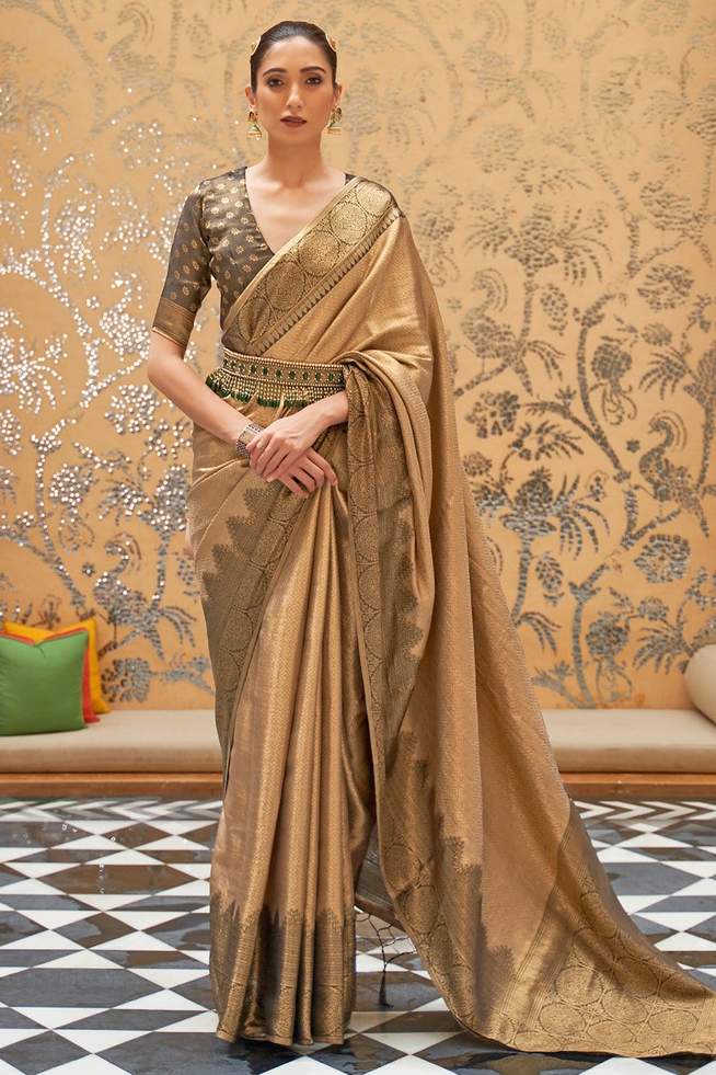 Buy MySilkLove Chocolate Brown Handloom Woven Kanjivaram Saree Online