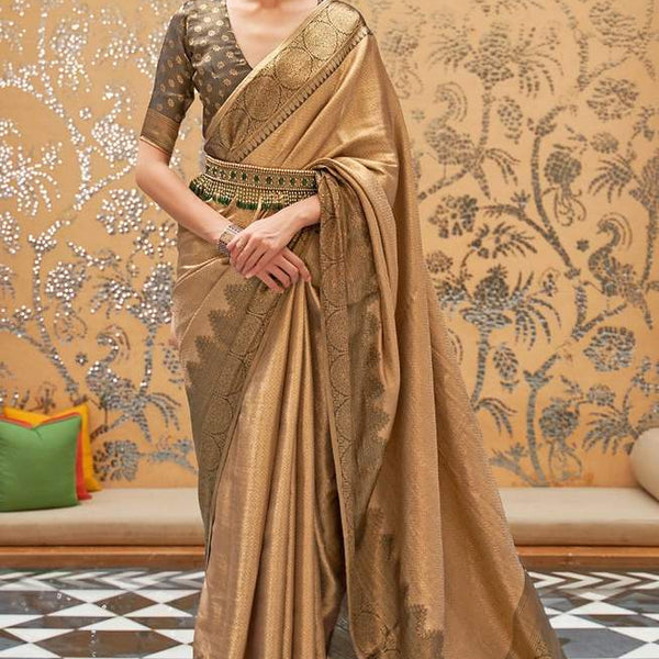 Glossy Silk Saree In Light Brown Color with Floral Digital Print Blouse and  jhalar