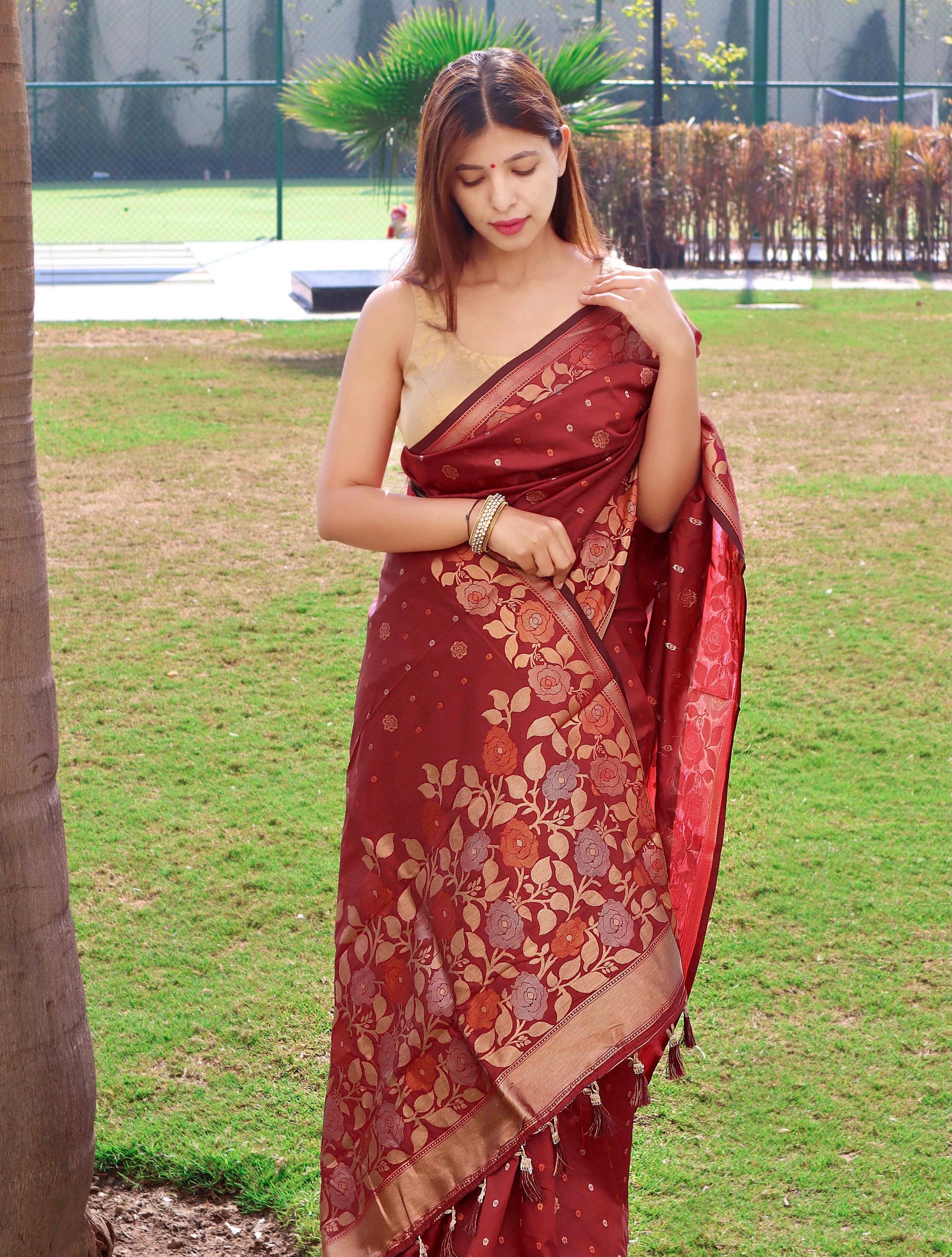 Buy MySilkLove Crown Of Thorns Brown Soft Silk Saree with Floral Woven Border and Pallu Online