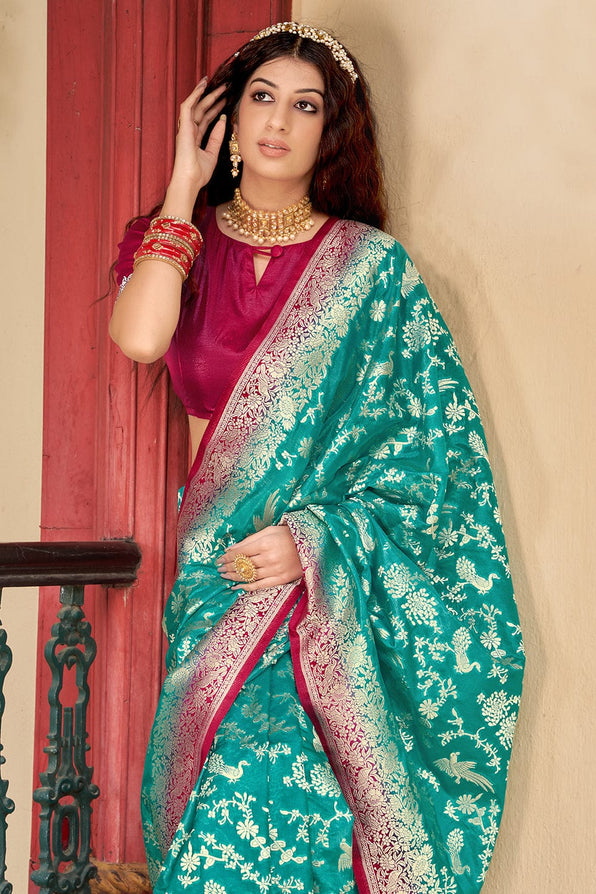 Buy MySilkLove Keppel Blue and Purple Organza Saree Online