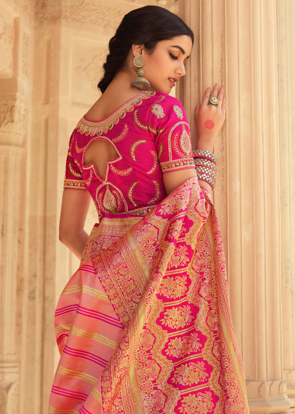 MySilkLove Salmon Pink and Orange Zari Woven Striped Banarasi Saree with Designer Blouse