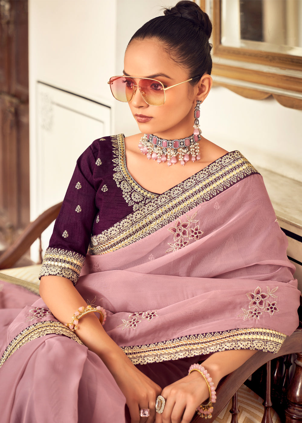 Buy MySilkLove Puce Pink Woven Banarasi Georgette Silk Saree Online