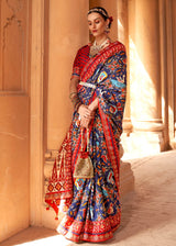 Mulled Wine Blue and Red Printed Patola Saree