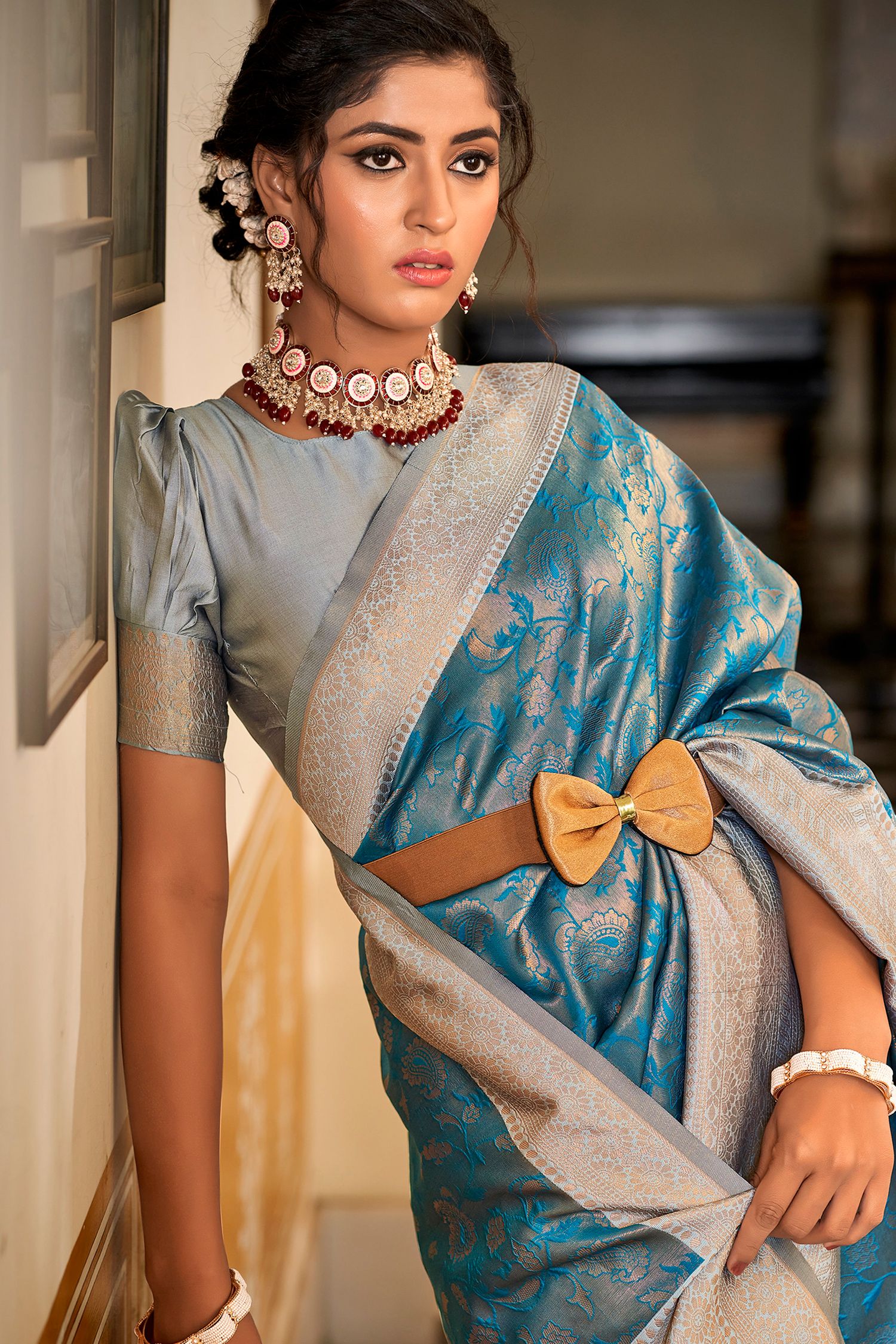 Buy MySilkLove Aquamarine Blue Silver Woven Banarasi Silk Saree Online