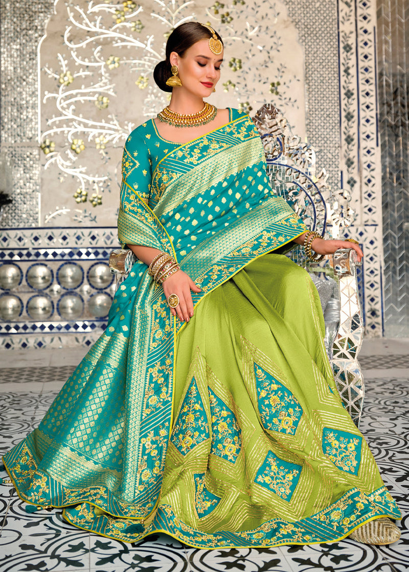 Peridot Green & Blue Zari Woven Designer Banarasi Saree