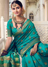 Fountain Blue Handloom Woven Banarasi Raw Silk Saree