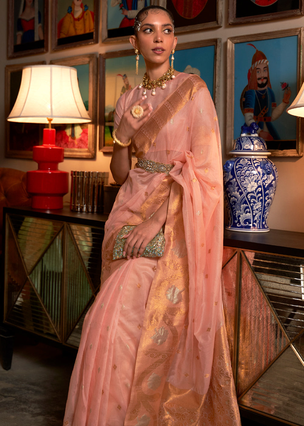 Buy MySilkLove Burning Peach Zari Woven Banarasi Organza Saree Online