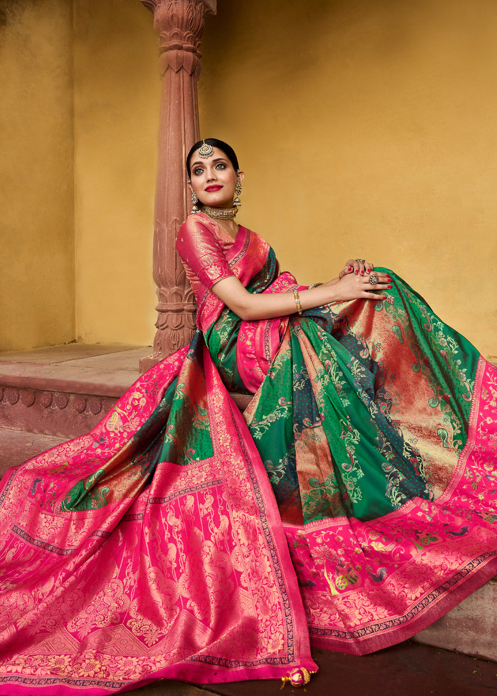 Jade Green and Pink Designer Banarasi Saree